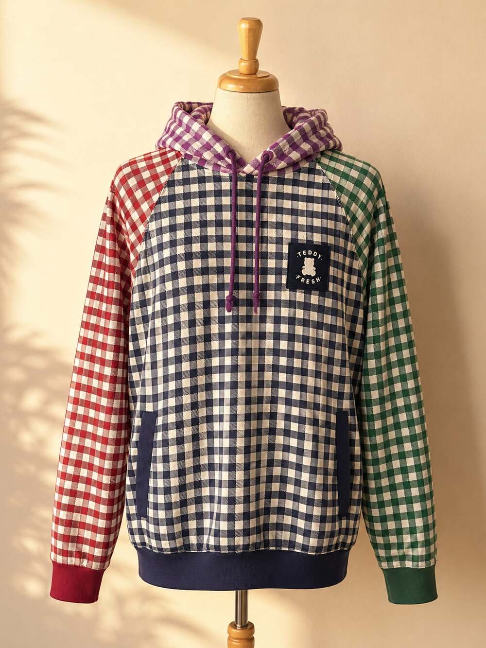 Teddy Fresh Gingham Colorblock Hoodie Large 100% Cotton Y2K Streetwear